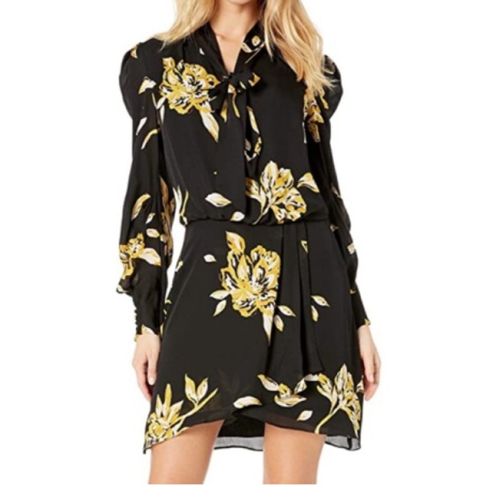 JOIE 6 LONG SLEEVE FLORAL TIE-NECK SILK MINI DRESS